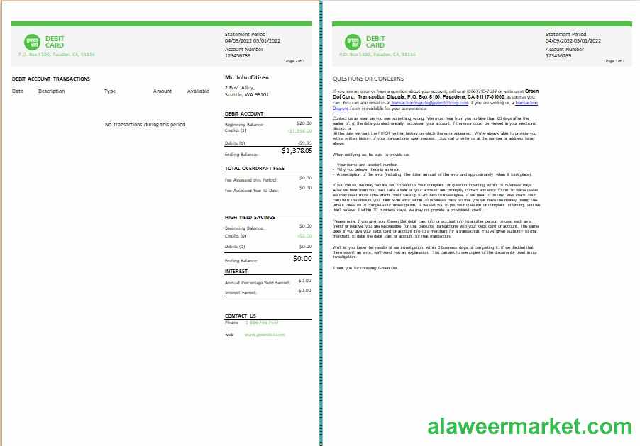 USA Green Dot bank statement Word and PDF template, 3 pages